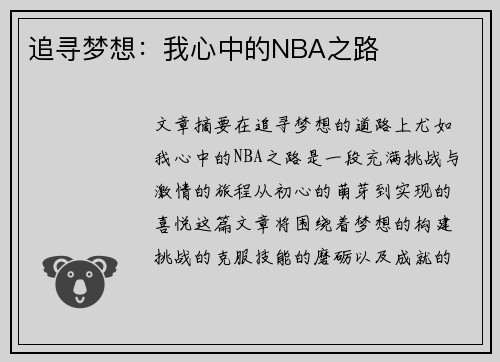 追寻梦想：我心中的NBA之路